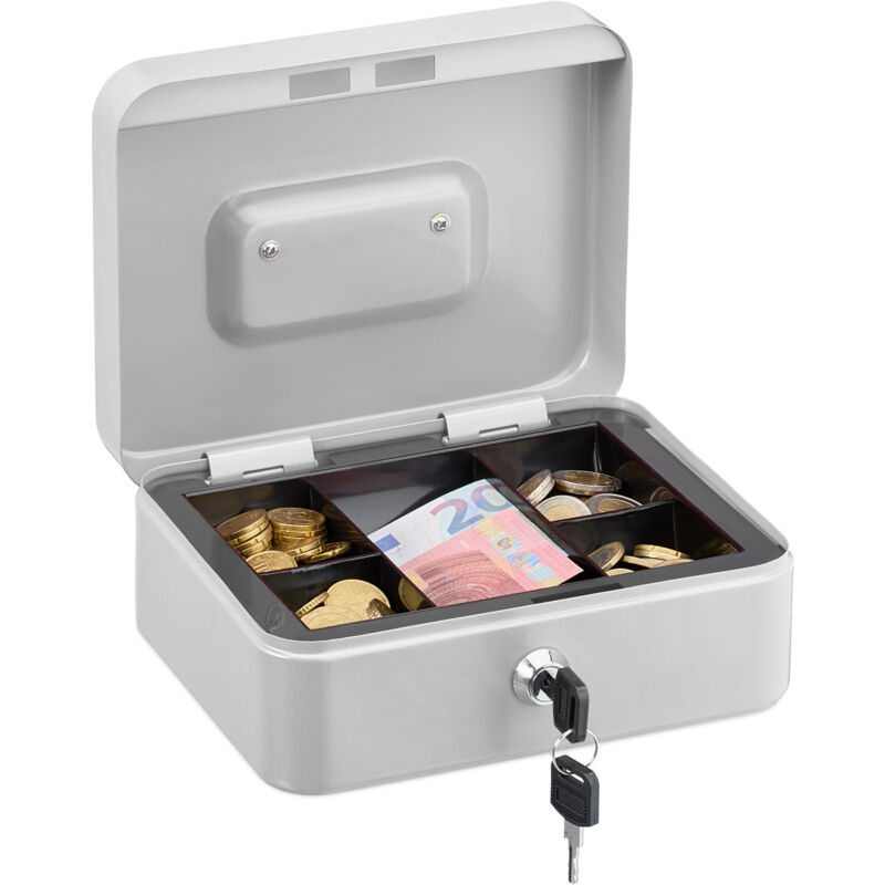 foto del prodotto relaxdays cassetta con serratura, porta soldi con inserto rimovibile, 5 scomparti, in ferro, 8,5 x 20 x 17 cm, bianco