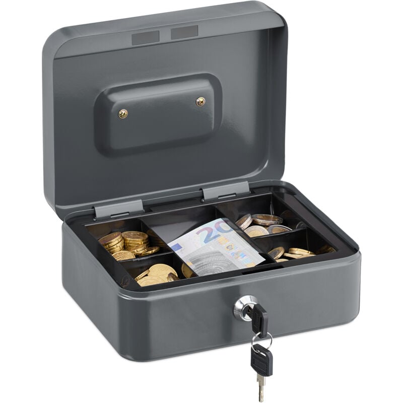 foto del prodotto relaxdays cassetta con serratura, porta soldi con inserto rimovibile, 5 scomparti, in ferro, 8,5 x 20 x 17 cm, grigio