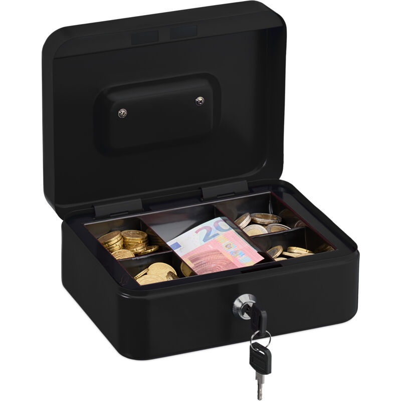 foto del prodotto relaxdays cassetta con serratura, porta soldi con inserto rimovibile, 5 scomparti, in ferro, 8,5 x 20 x 17 cm, nero