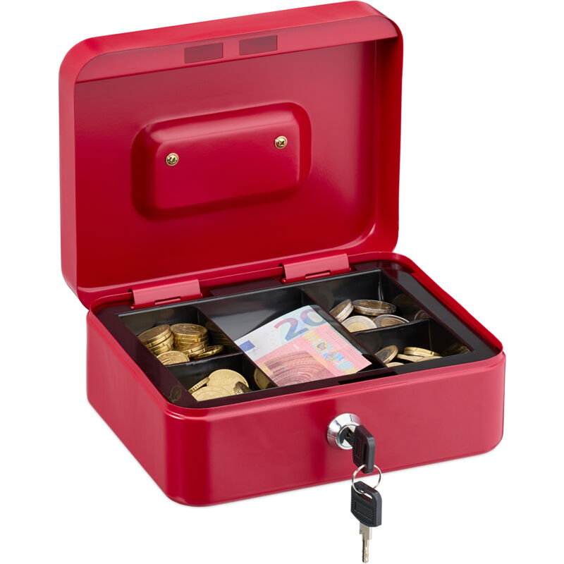 foto del prodotto relaxdays cassetta con serratura, porta soldi con inserto rimovibile, 5 scomparti, in ferro, 8,5 x 20 x 17 cm, rosso