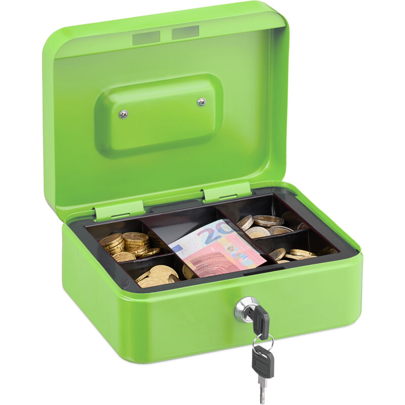 foto del prodotto relaxdays cassetta con serratura, porta soldi con inserto rimovibile, 5 scomparti, in ferro, 8,5 x 20 x 17 cm, verde