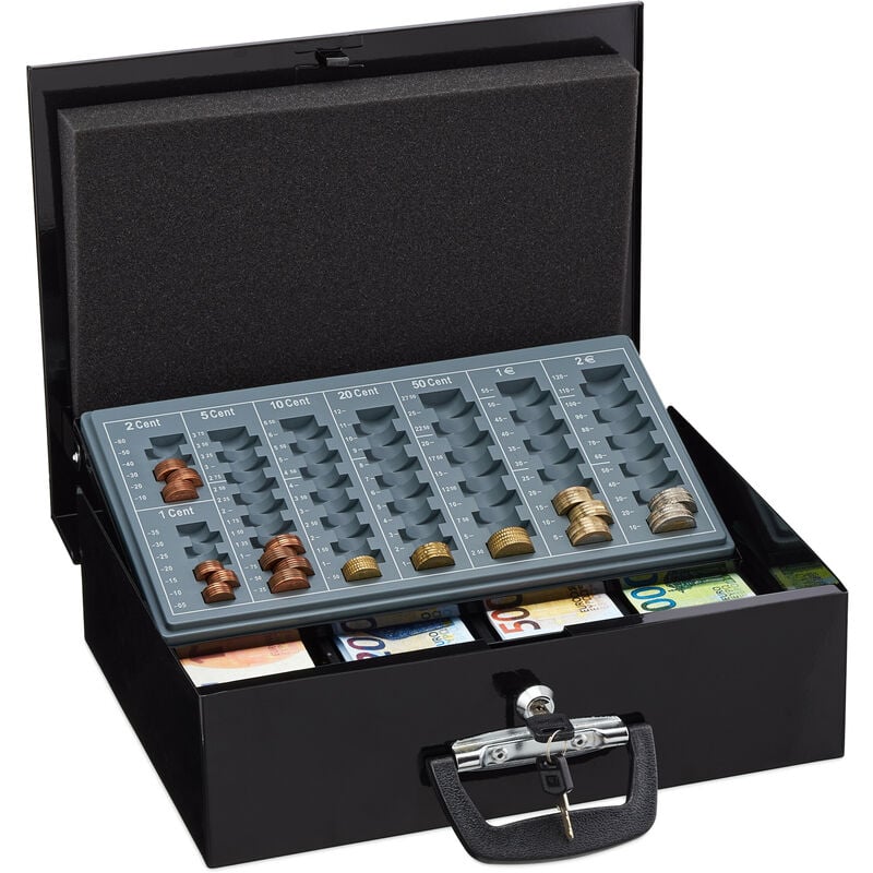foto del prodotto relaxdays cassetta con serratura, portasoldi con chiave, per banconote e conta monete, in ferro, 11,5x36x28,5 cm, nero
