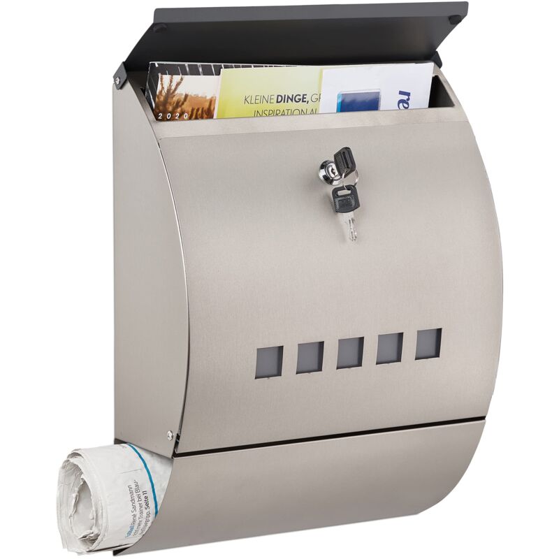 foto del prodotto relaxdays cassetta della posta, acciaio inox, buca delle lettere e portagiornali, hlp 40x30x12,5 cm, 2 chiavi, argentato, inossidabile