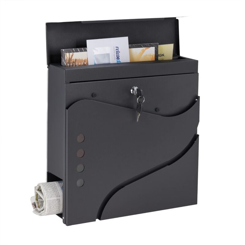 foto del prodotto relaxdays cassetta della posta con scomparto portagiornali, hlp 37 x 37 x 11 cm, con 2 chiavi, in acciaio, moderna, nero