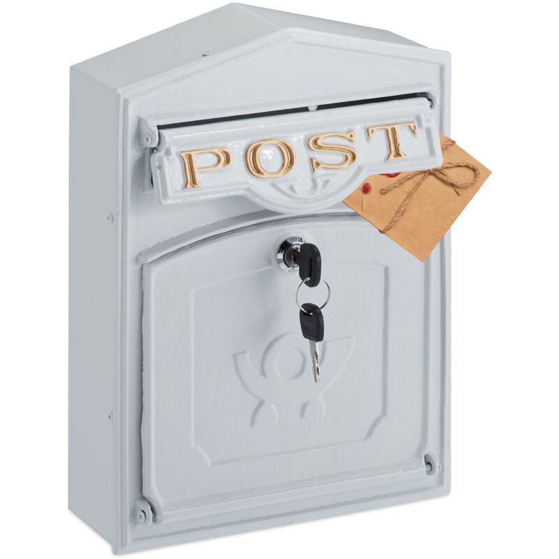 foto del prodotto relaxdays cassetta della posta dal design retr , porta lettere in lega di alluminio, scritta post, 31,5x23x9 cm, bianco, 100 