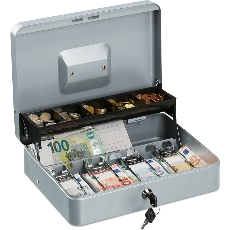 foto del prodotto relaxdays cassetta di sicurezza per soldi, con scomparto per monete e 4 vani per banconote, 8,5x30,5x24,5 cm, argentato