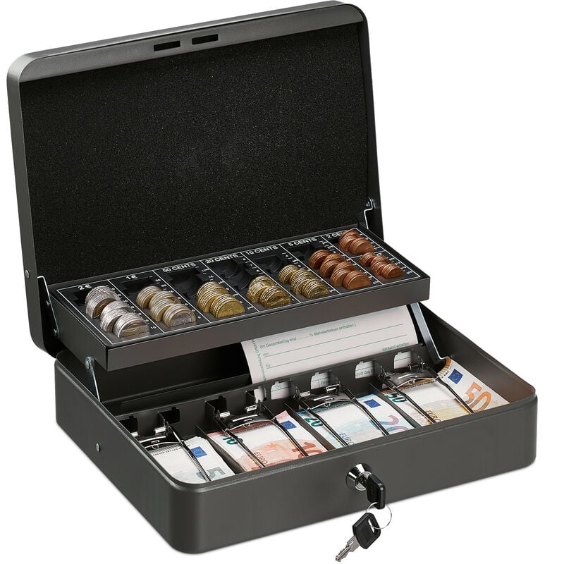 foto del prodotto relaxdays cassetta di sicurezza per soldi, con scomparto per monete e 4 vani per banconote, 8,5x30,5x24,5 cm, grigio