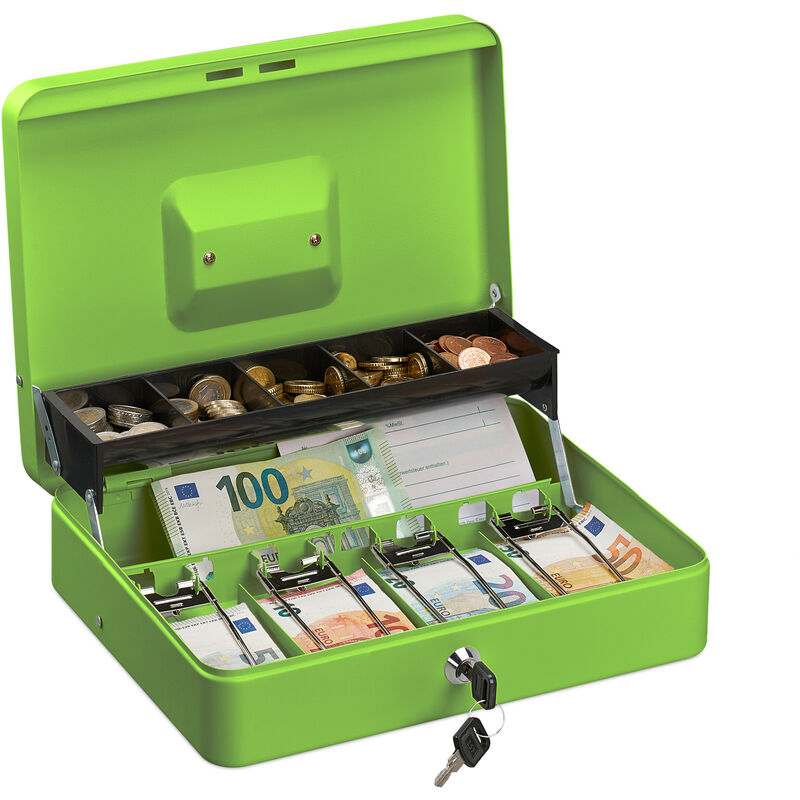 foto del prodotto relaxdays cassetta di sicurezza per soldi, con scomparto per monete e 4 vani per banconote, 8,5x30,5x24,5 cm, verde