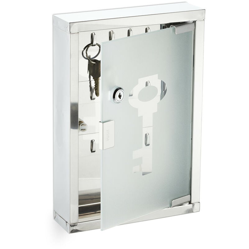 foto del prodotto relaxdays cassetta portachiavi con serratura, armadietto appendi chiavi a parete, in acciaio inox, 32x22x6 cm, argentato