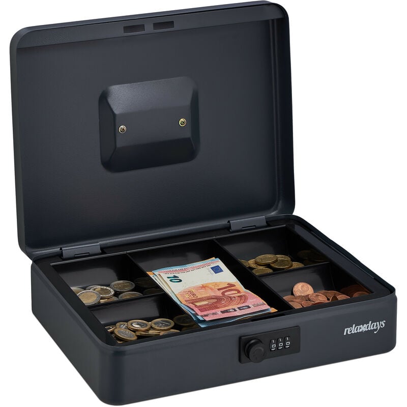 foto del prodotto relaxdays cassetta portavalori, salvadanaio per monete e banconete, combinazione, acciaio, hlp 8,5x30,5x25 cm, grigio
