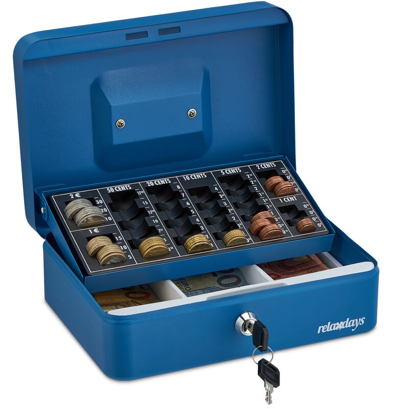 foto del prodotto relaxdays cassetta portavalori, salvadanaio per monete e banconete, con 2 chiavi, acciaio, con manico, 9x25x18 cm, blu