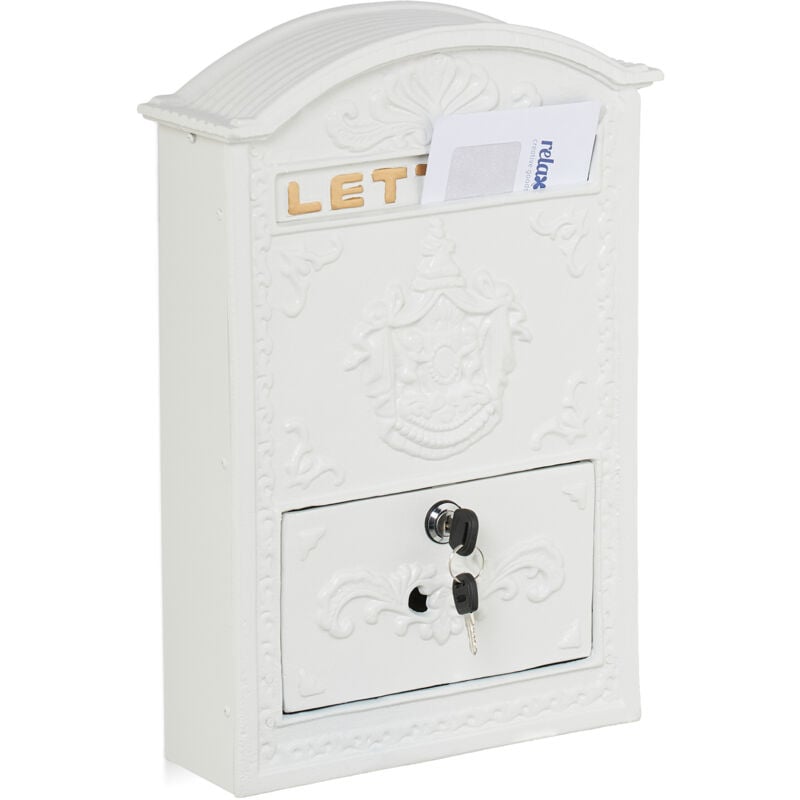 foto del prodotto relaxdays cassetta posta, design antico, porta lettere a4, casella postale in ferro e alluminio, 42x28x10 cm, bianco oro
