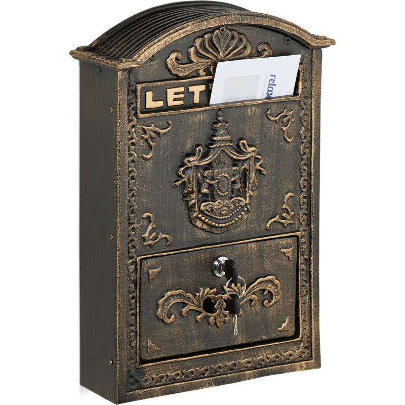 foto del prodotto relaxdays cassetta posta, design antico, porta lettere a4, casella postale in ferro e alluminio, 42x28x10 cm, bronzo oro