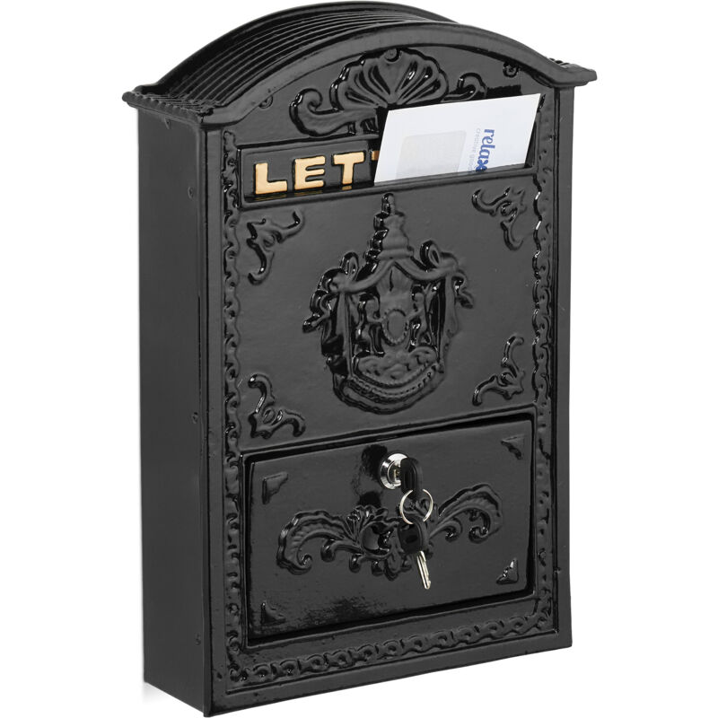 foto del prodotto relaxdays cassetta posta, design antico, porta lettere a4, casella postale in ferro e alluminio, 42x28x10 cm, nero oro