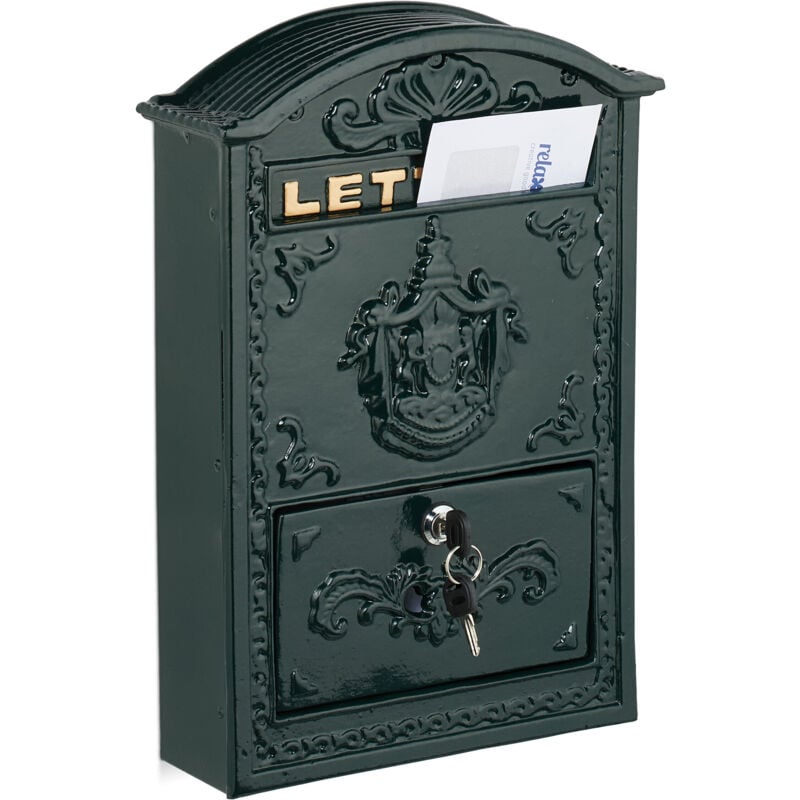 foto del prodotto relaxdays cassetta posta, design antico, porta lettere a4, casella postale in ferro e alluminio, 42x28x10 cm, verde oro