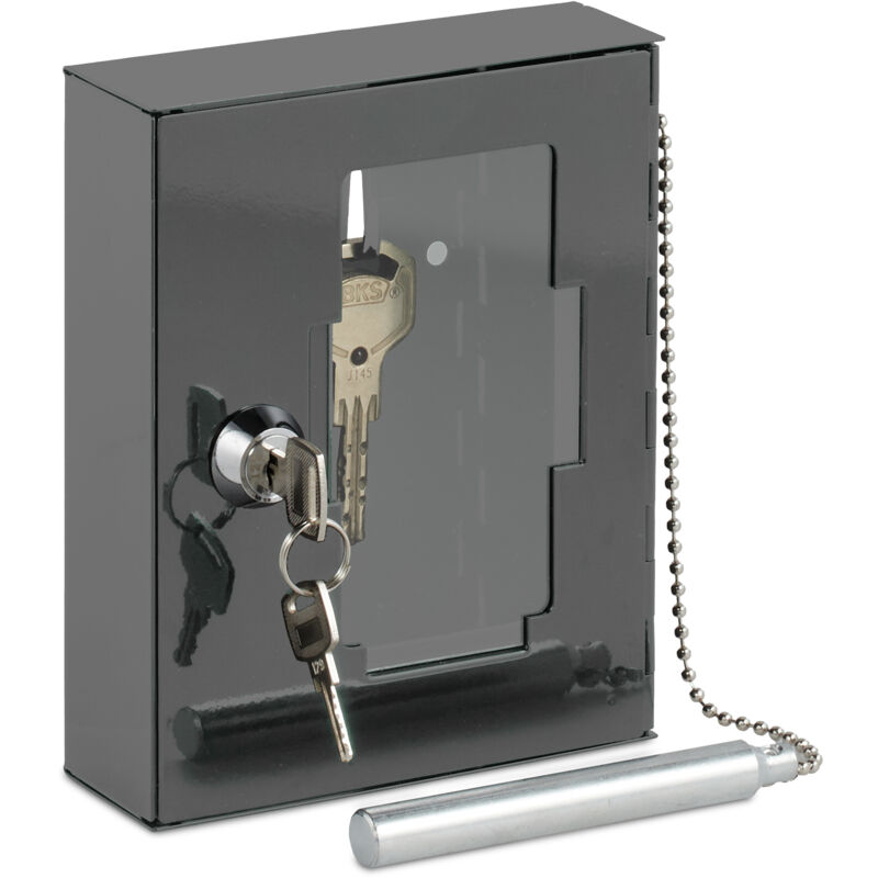 foto del prodotto relaxdays cassette con chiavi di emergenza con martelletto rompivetro, chiudibile, hlp 15x12x5 cm, vetro e ferro, grigio