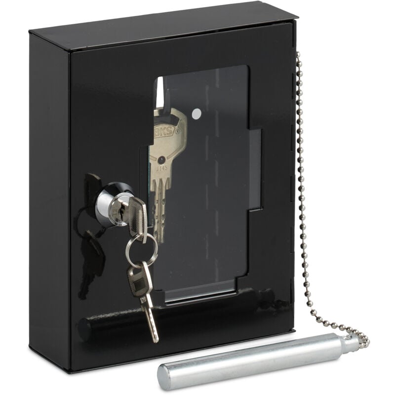 foto del prodotto relaxdays cassette con chiavi di emergenza con martelletto rompivetro, chiudibile, hlp 15x12x5 cm, vetro e ferro, nero