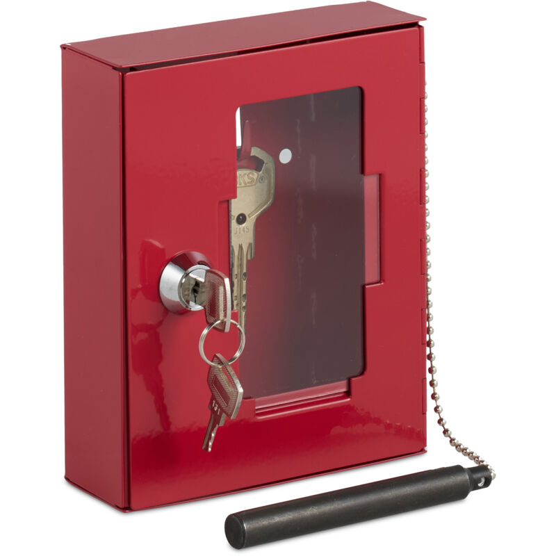 foto del prodotto relaxdays cassette con chiavi di emergenza con martelletto rompivetro, chiudibile, hlp 15x12x5 cm, vetro e ferro, rosso