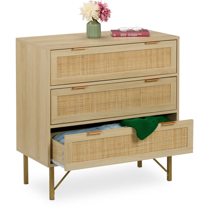 foto del prodotto relaxdays cassettiera camera da letto, com con 3 cassetti, 80x80x42 cm, settimino in look rattan e legno, naturale oro