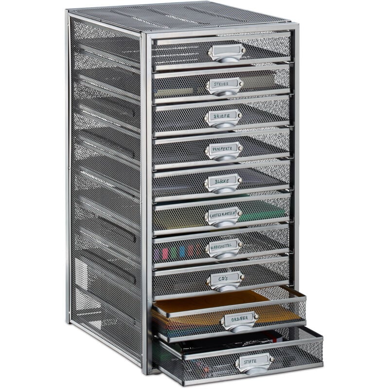 foto del prodotto relaxdays cassettiera da scrivania, 10 cassetti, formato din a4, porta documenti, box per lettere e corrispondenza, argento
