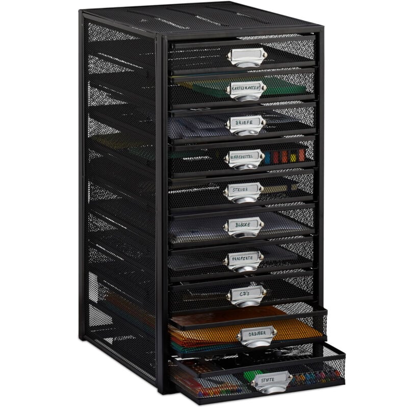 foto del prodotto relaxdays cassettiera da scrivania, 10 cassetti, formato din a4, porta documenti, box per lettere e corrispondenza, nero