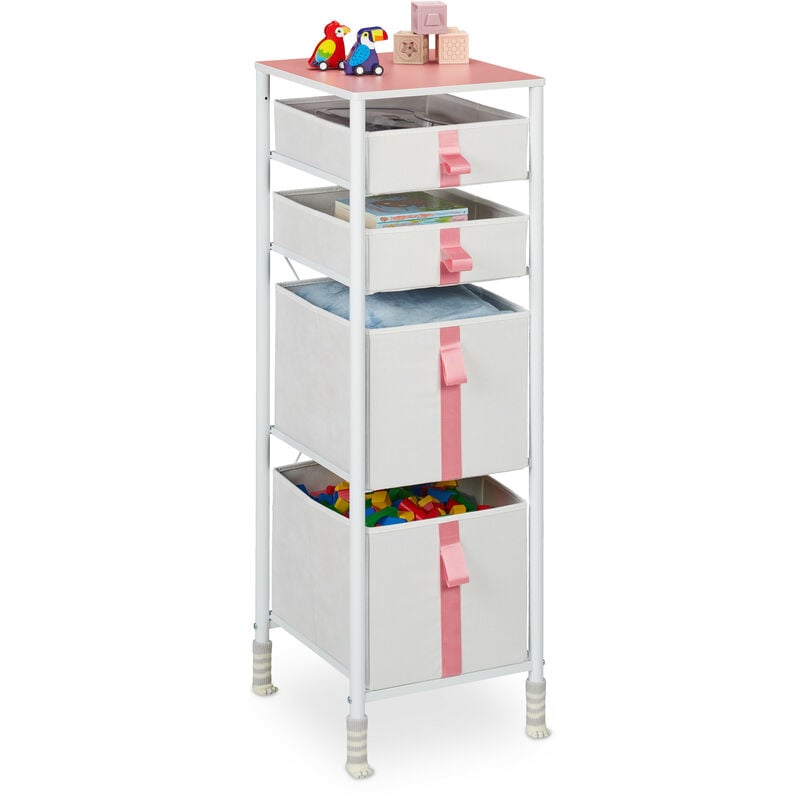foto del prodotto relaxdays cassettiera per bambini, per la cameretta, 4 cassetti porta giochi o vestiti, hlp 109,5x36x40,5cm, bianco rosa