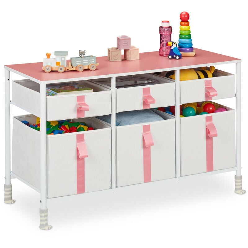 foto del prodotto relaxdays cassettiera per bambini, per la cameretta, 6 cassetti porta giochi o vestiti, hlp 61,5x100x40,5cm, bianco rosa