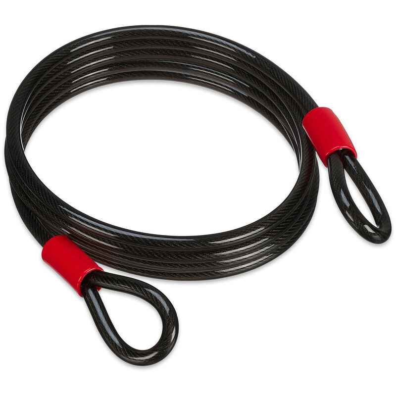 foto del prodotto relaxdays cavo antifurto con cappi 12mm, filo 5m acciaio rivestito, blocca bici, lucchetto bicicletta e moto, nero
