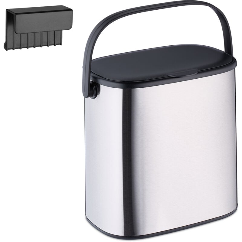 foto del prodotto relaxdays cestino da bagno, pattumiera con gancio per anta, cesto secchio interno 5 l, maniglia, acciaio inox, argento