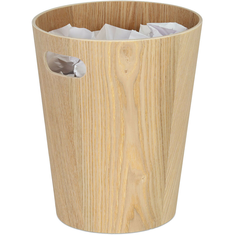 foto del prodotto relaxdays cestino gettacarte in legno, pattumiera rotonda con manico, 7,5 l, senza coperchio, hxd 28 x 23 cm, naturale