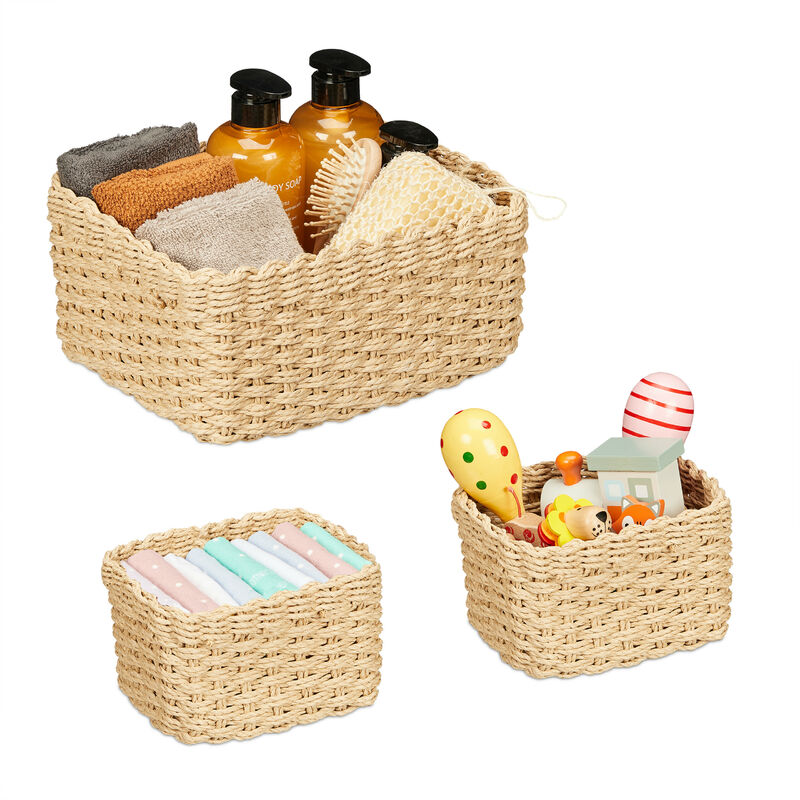 foto del prodotto relaxdays cestino portaoggetti design intrecciato, set da 3, 2 misure, bagno e armadio, corda di carta, marrone chiaro