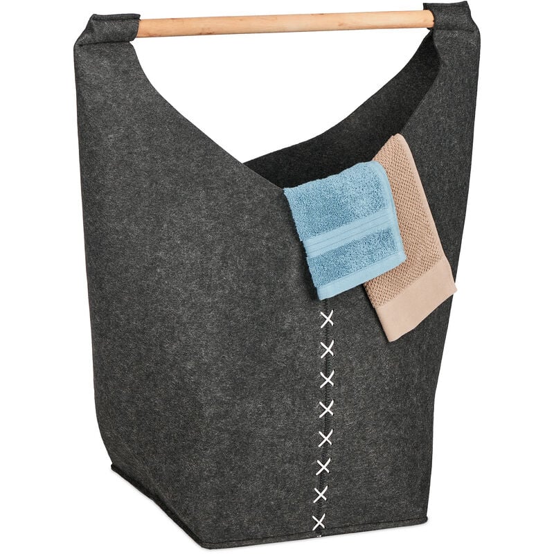 foto del prodotto relaxdays cesto portabiancheria, cestino per biancheria, sacco in feltro per panni sporchi, 50 l, bagno, grigio scuro