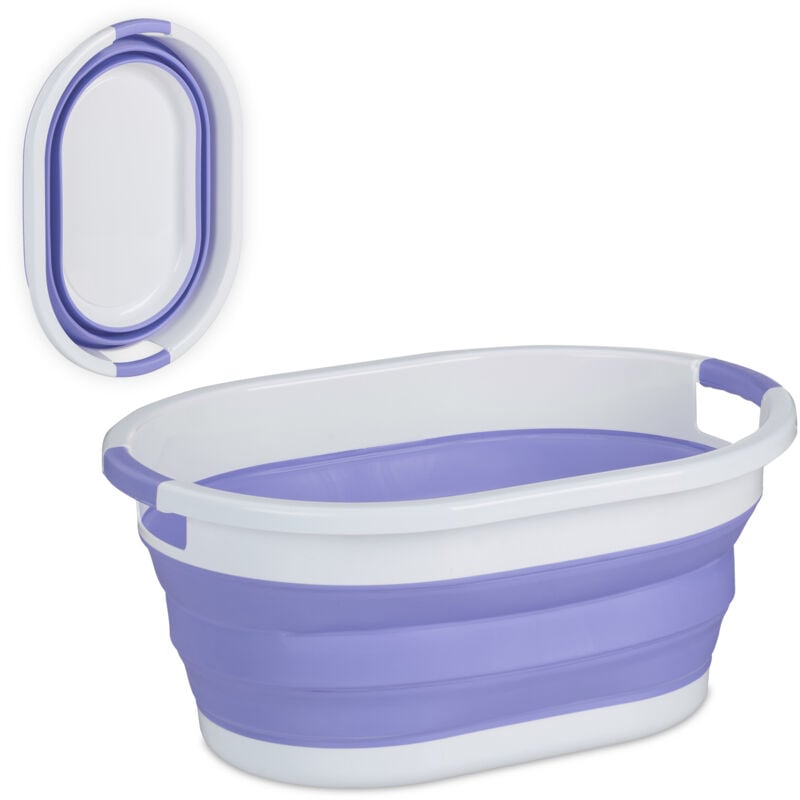 foto del prodotto relaxdays cesto portabiancheria pieghevole, 36 litri, contenitore salvaspazio in plastica con impugnature, viola bianco
