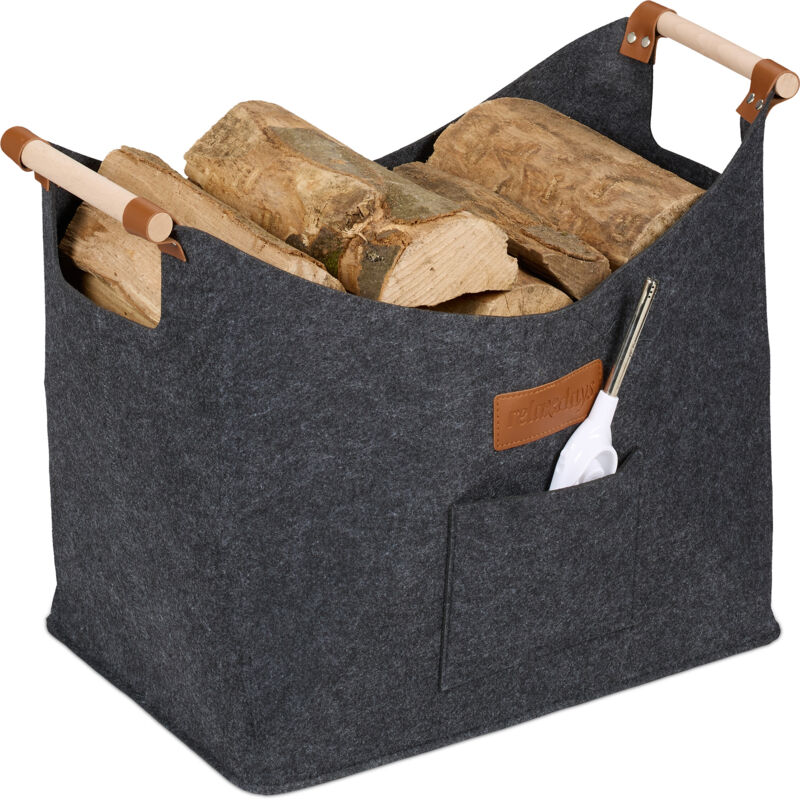 foto del prodotto relaxdays cesto portalegna in feltro da 50l, con maniglie in legno, hlp 40x51x32 cm, cestino porta legna camino, grigio