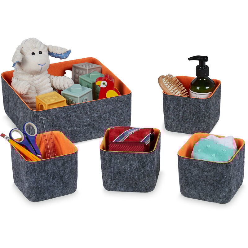 foto del prodotto relaxdays cesto portaoggetti in feltro, 5 contenitori di 2 misure, scatola in tessuto per accessori, grigio e arancione