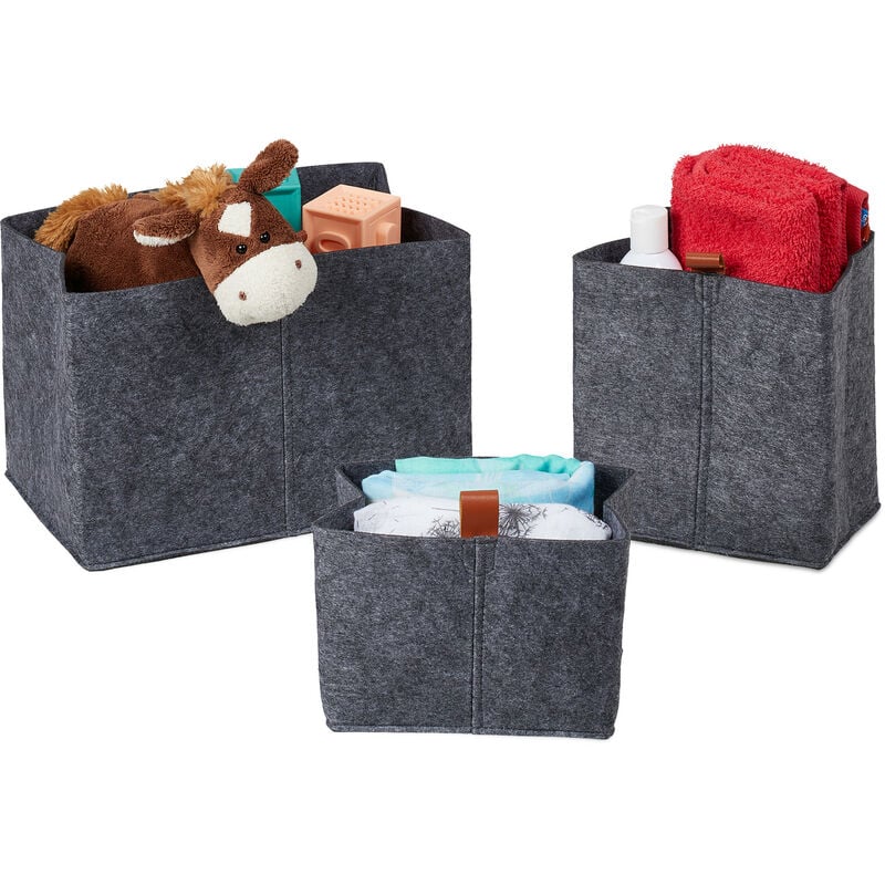 foto del prodotto relaxdays cesto portaoggetti in feltro, set 3 contenitori in varie misure, scatola in tessuto per accessori, grigio