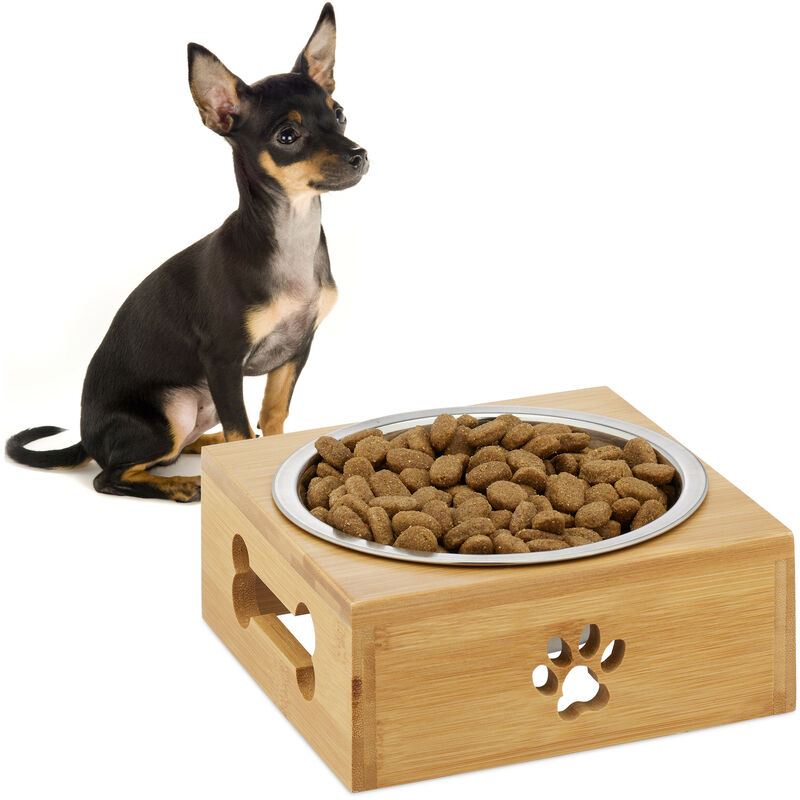 foto del prodotto relaxdays ciotola rialzata per cani, scodella cibo, da 400 ml, in acciaio, hlp 6x14,5x14,5 cm, bamb , naturale argentato