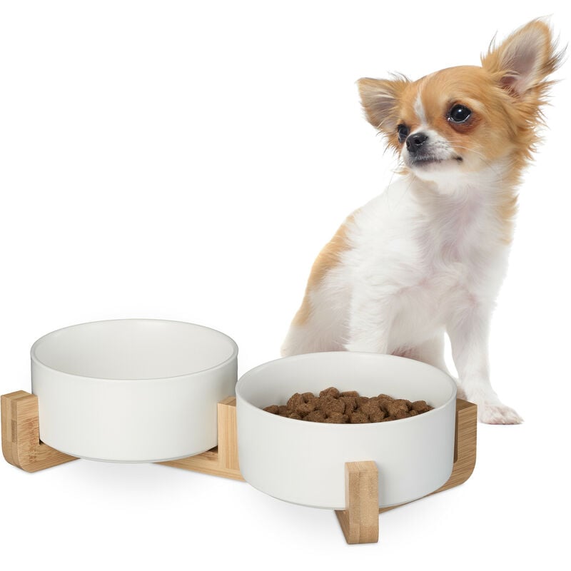 foto del prodotto relaxdays ciotole rialzate per cani, alzatina in bamb , scodelle in ceramica, cibo o acqua, 850 ml, 9x32x17 cm, bianco