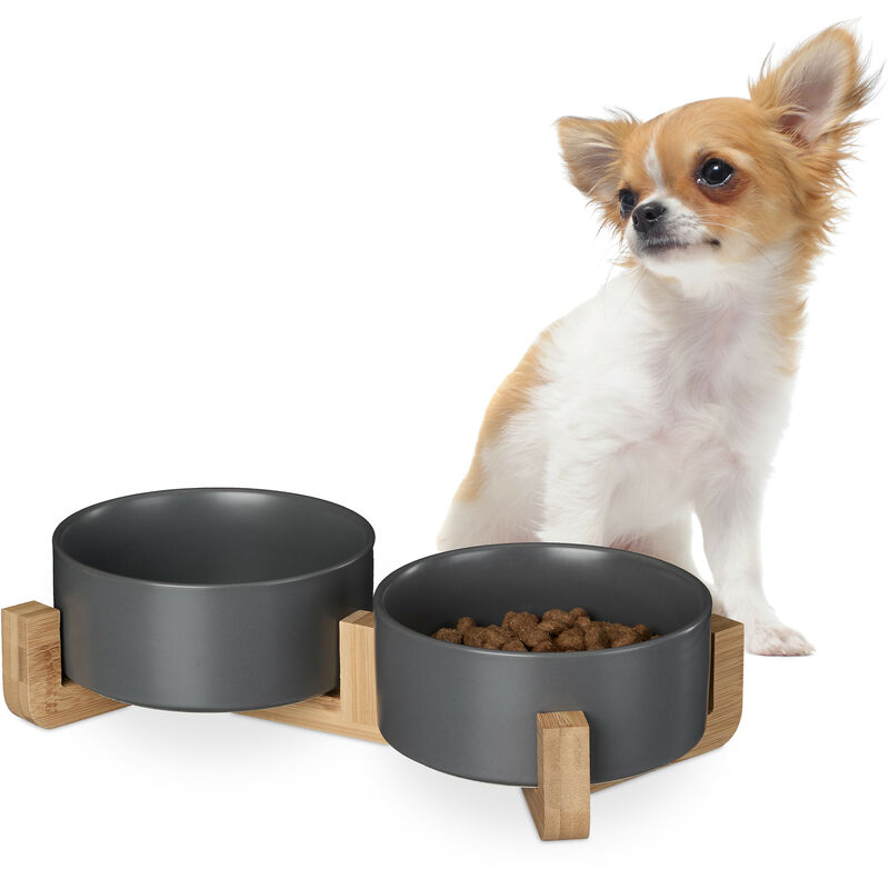 foto del prodotto relaxdays ciotole rialzate per cani, alzatina in bamb , scodelle in ceramica, cibo o acqua, 850 ml, 9x32x17 cm, grigio