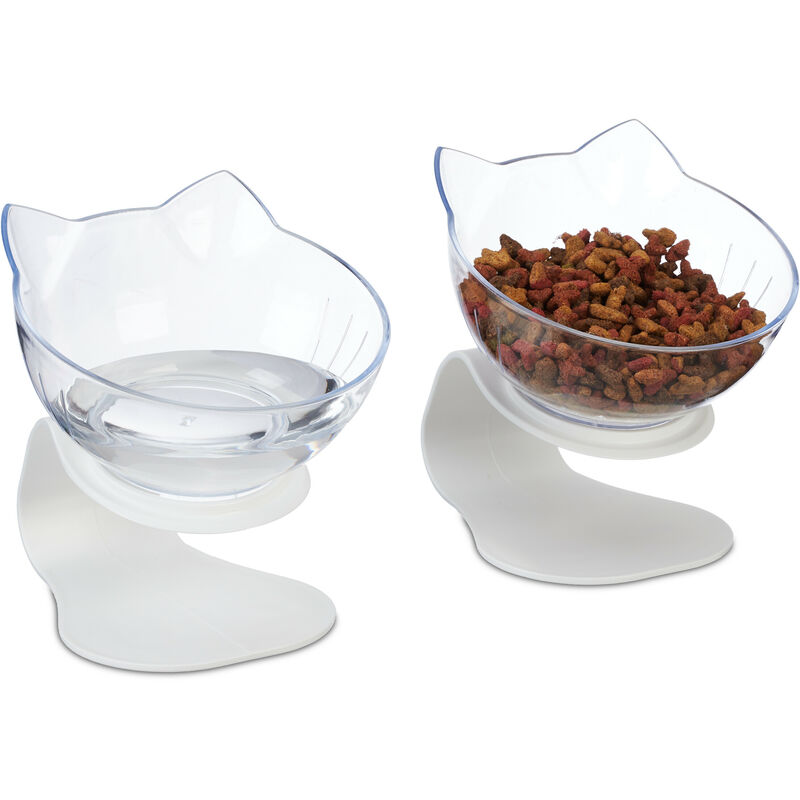 foto del prodotto relaxdays ciotole rialzate per gatti, 2 scodelle da 500 ml, cibo e acqua, hlp 15x13x15 cm, plastica, trasparente bianco