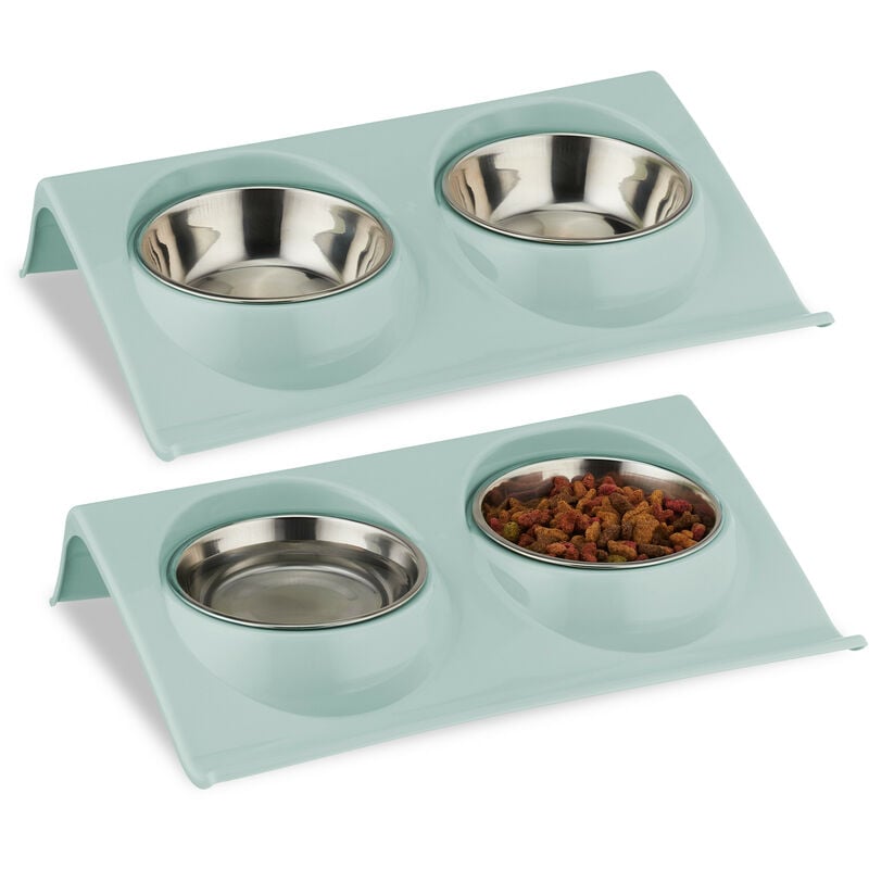foto del prodotto relaxdays ciotole rialzate per gatti, set da 2, doppie scodelle da 150 ml, cibo e acqua, 6,5x29x19 cm, plastica, blu