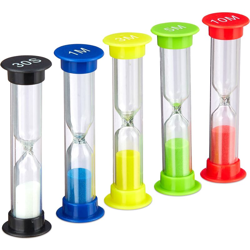 foto del prodotto relaxdays clessidre, set 5 pz., 30s 1m 3m 5m 10m, resistente, per spazzolini bambini, 5x orologio a sabbia, colorati