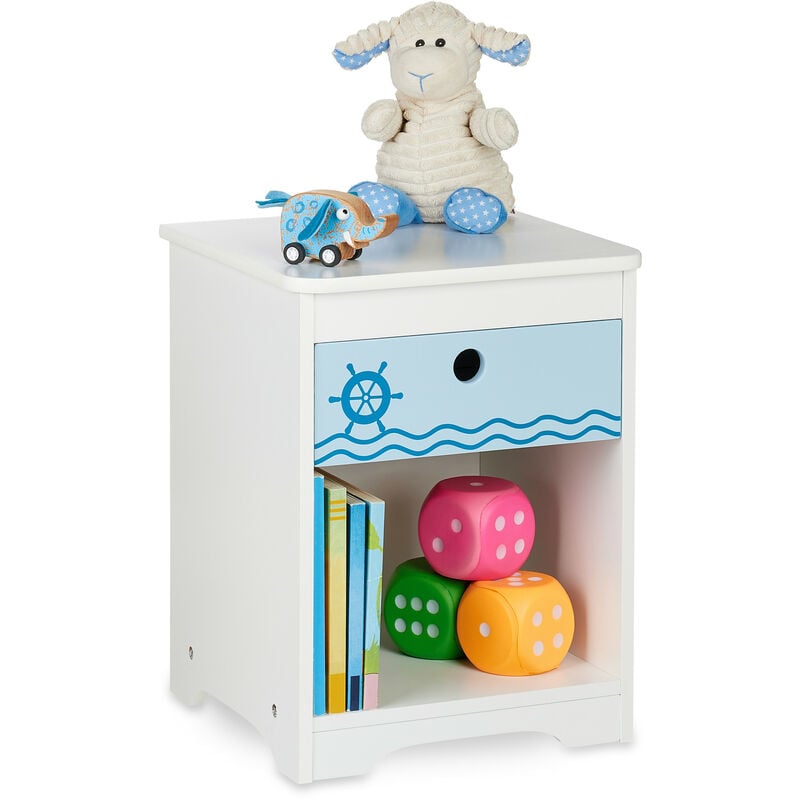 foto del prodotto relaxdays comodino da letto per bambini, design mare, cassetto e scomparto, hlp 41x32x31 cm, cameretta bimbi, bianco blu