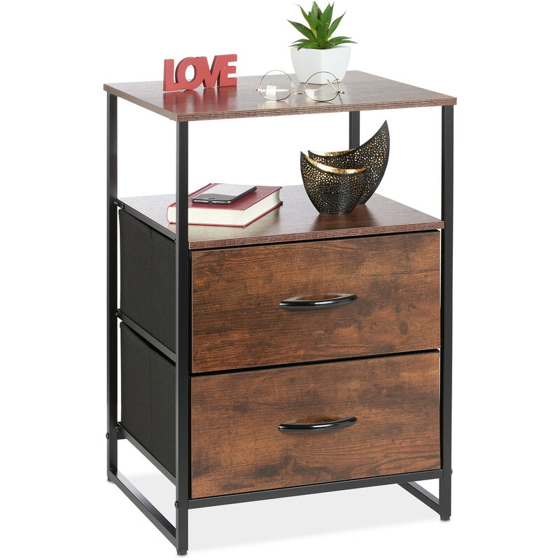 foto del prodotto relaxdays comodino in stile industriale, tavolino con 2 cassetti, 2 ripiani, da ingresso, hlp 70x45x40 cm, marrone nero