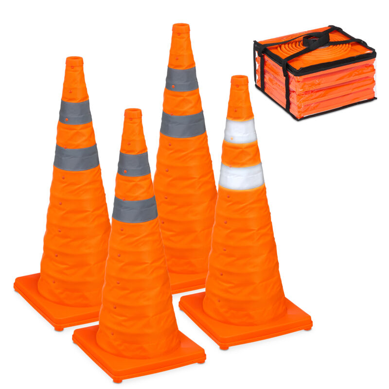 foto del prodotto relaxdays coni stradali segnaletici, set 4 birilli pieghevoli con strisce riflettenti hlp 70 x 29 x 29 cm, arancione