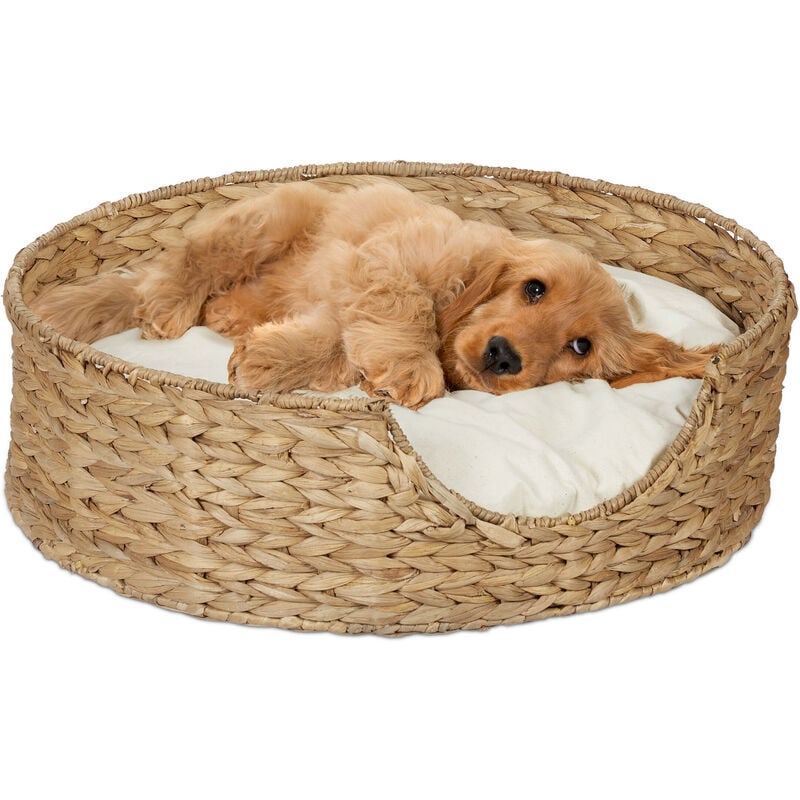foto del prodotto relaxdays cuccia per cani e gatti, h x d 15 x 49 cm, lettino in seegras intrecciato e cuscino lavabile, crema naturale