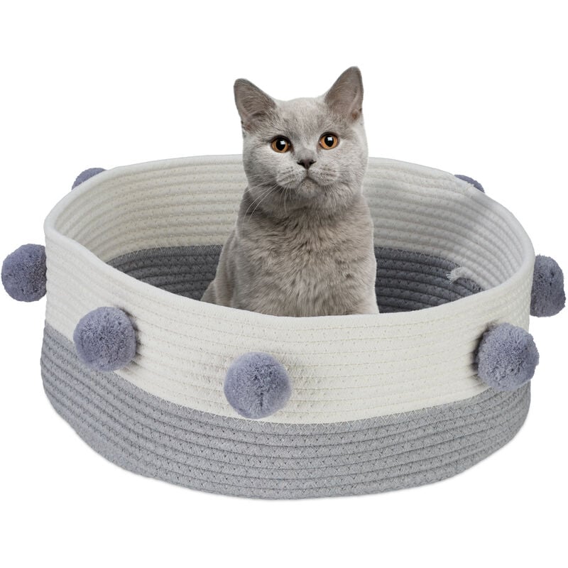 foto del prodotto relaxdays cuccia per gatti e cani piccoli, h x d 16,5 x 41 cm, cestino per dormire in cotone intrecciato, grigio bianco