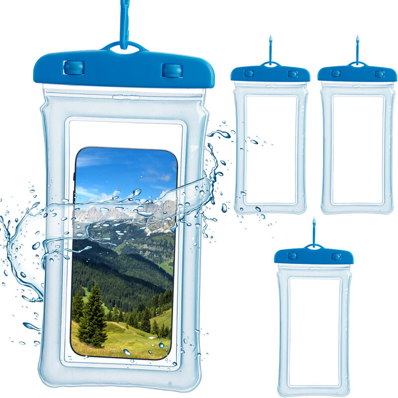 foto del prodotto relaxdays custodia impermeabile per cellulare, set da 4, bustina porta smartphone fino 6,7 waterproof, con cordino, blu