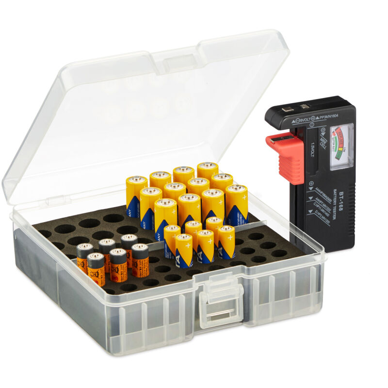 foto del prodotto relaxdays custodia portabatterie con tester, per 60 pile aa e aaa 5,5x15x15,5 cm, scatola per batterie, trasparente nero