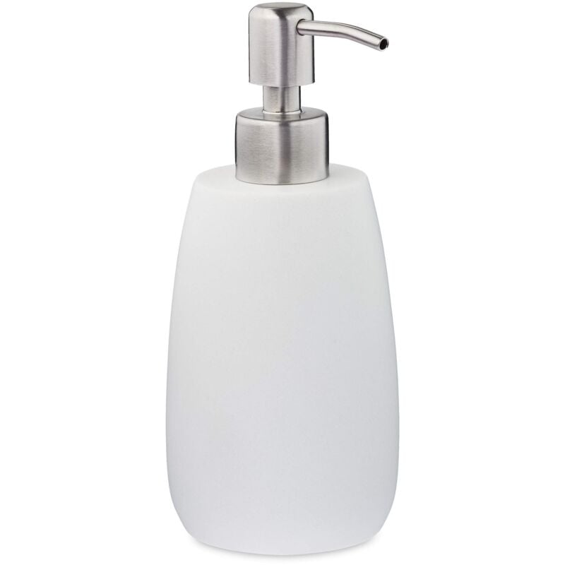 foto del prodotto relaxdays dispenser di sapone, 300ml, portasapone ricaricabile manuale, accessorio home bagno cucina, rotondo, bianco, poliresina, 1 pz